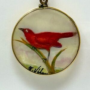 gorgeous hand painted bluebird on one side a red cardinal on the other 14k gold